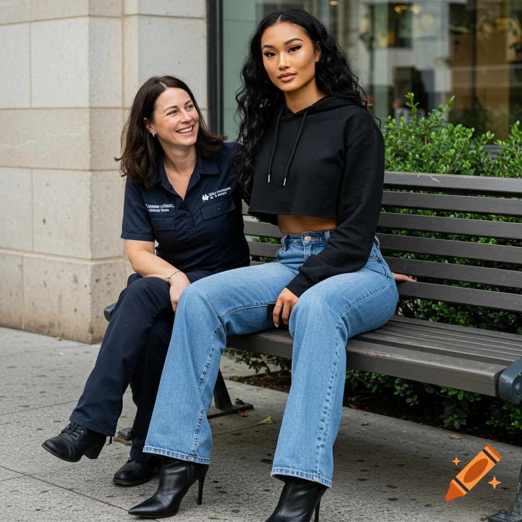 Two women sit on a bench outdoors, one in a black cropped hoodie and jeans, the other in a dark work shirt.