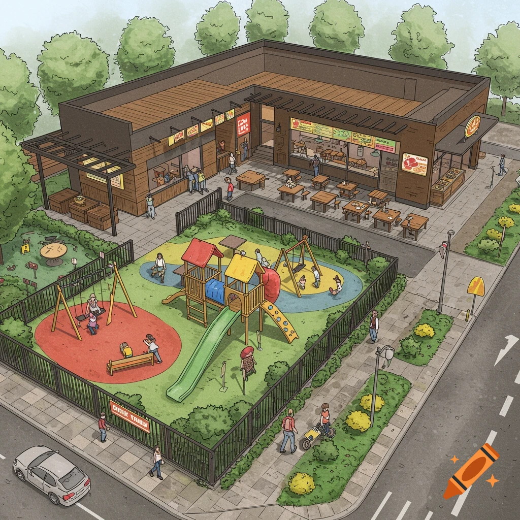 Isometric digital illustration of a restaurant next to a playground with people.