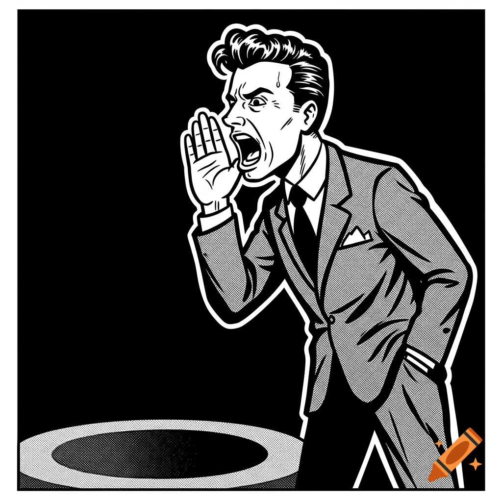 A black and white clip-art of a man in a suit shouting with his hand cupped to his mouth.