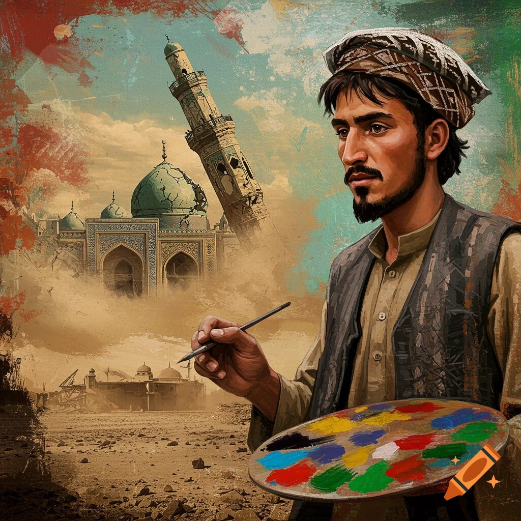 An Afghan man painting in a desert landscape with a destroyed mosque in the background.
