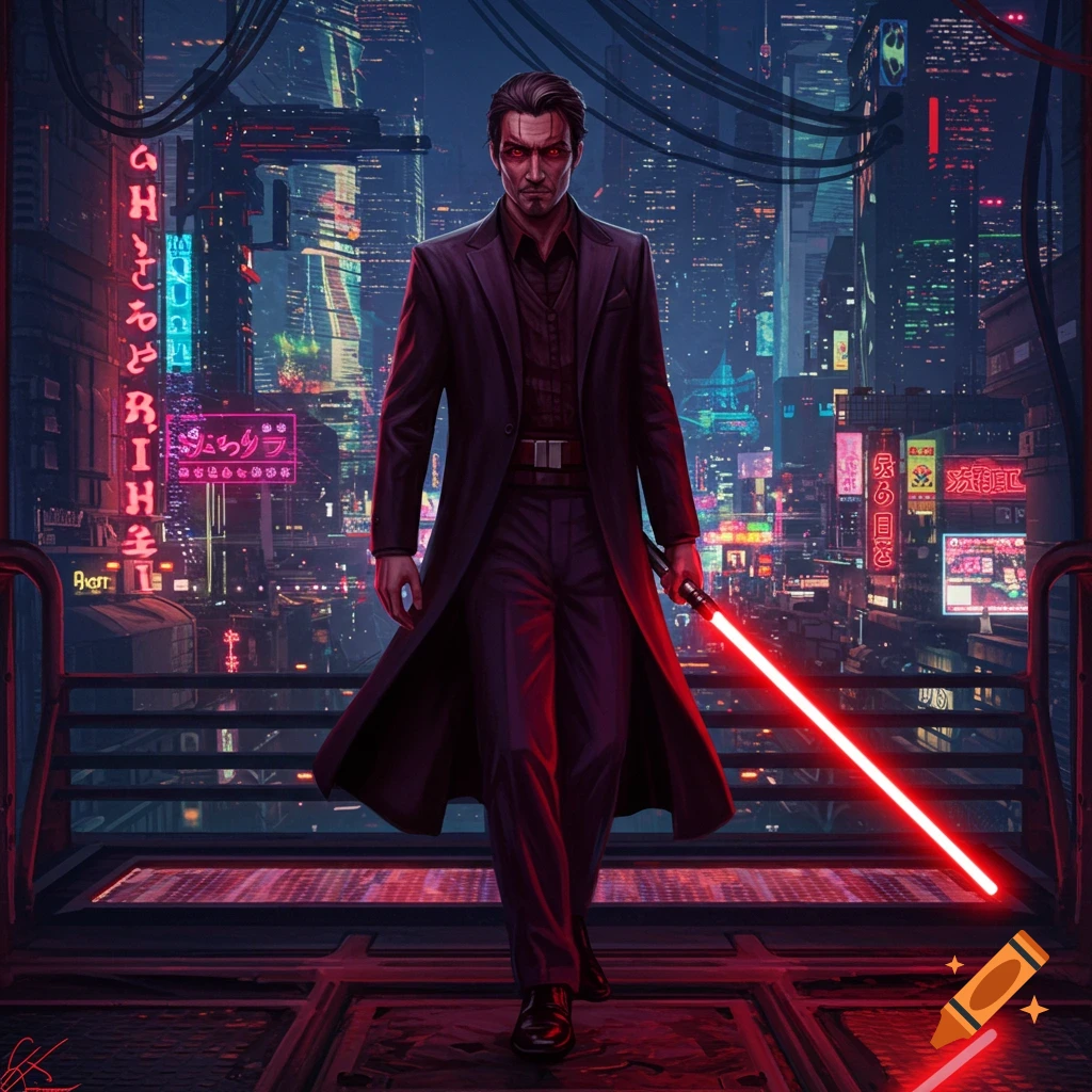 A man in a coat holding a red lightsaber in a cyberpunk city.