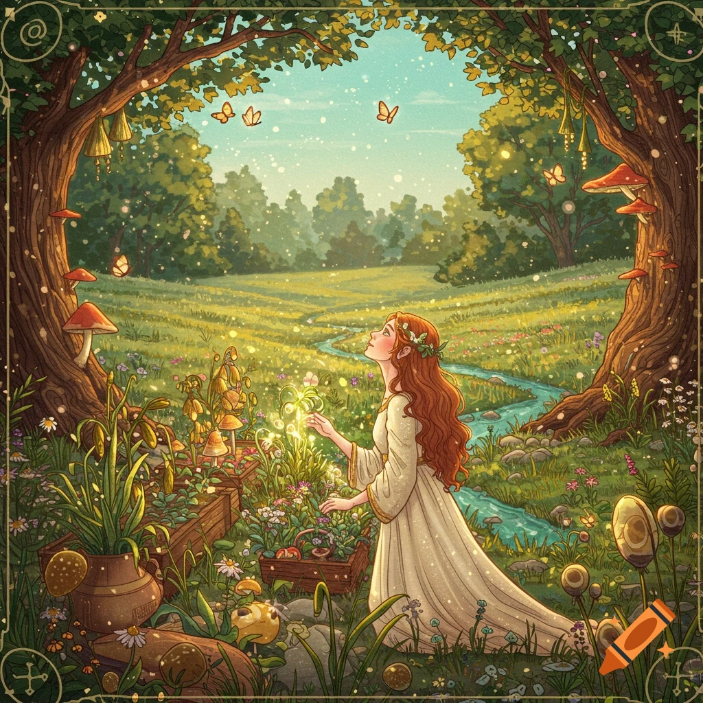 A woman in a white dress stands in a forest clearing surrounded by glowing plants, mushrooms, and butterflies.