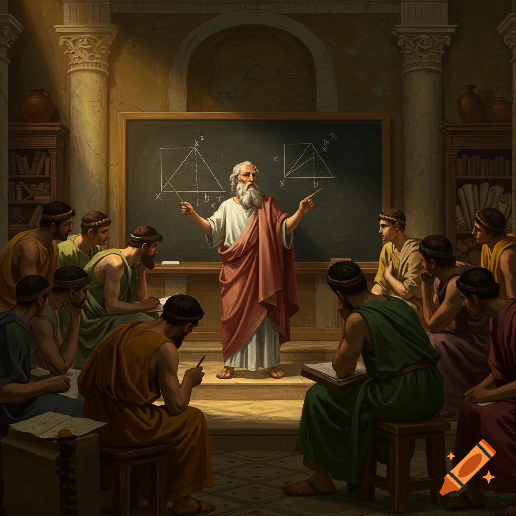 An ancient Greek teacher lectures students in a classroom with geometric diagrams on a blackboard.