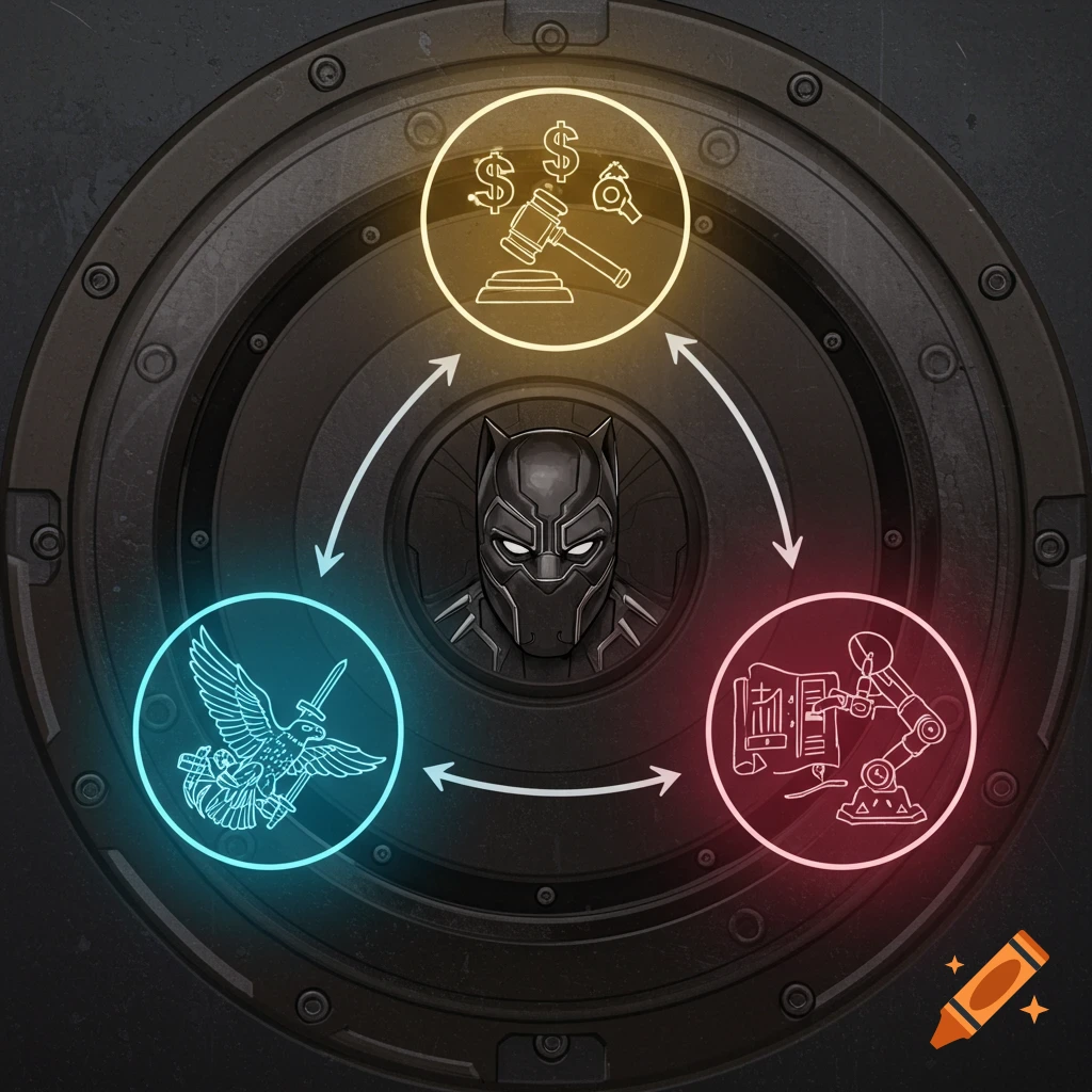 Black Panther's face centered in a circular diagram with icons for Congress, military, and contractors, connected by arrows.