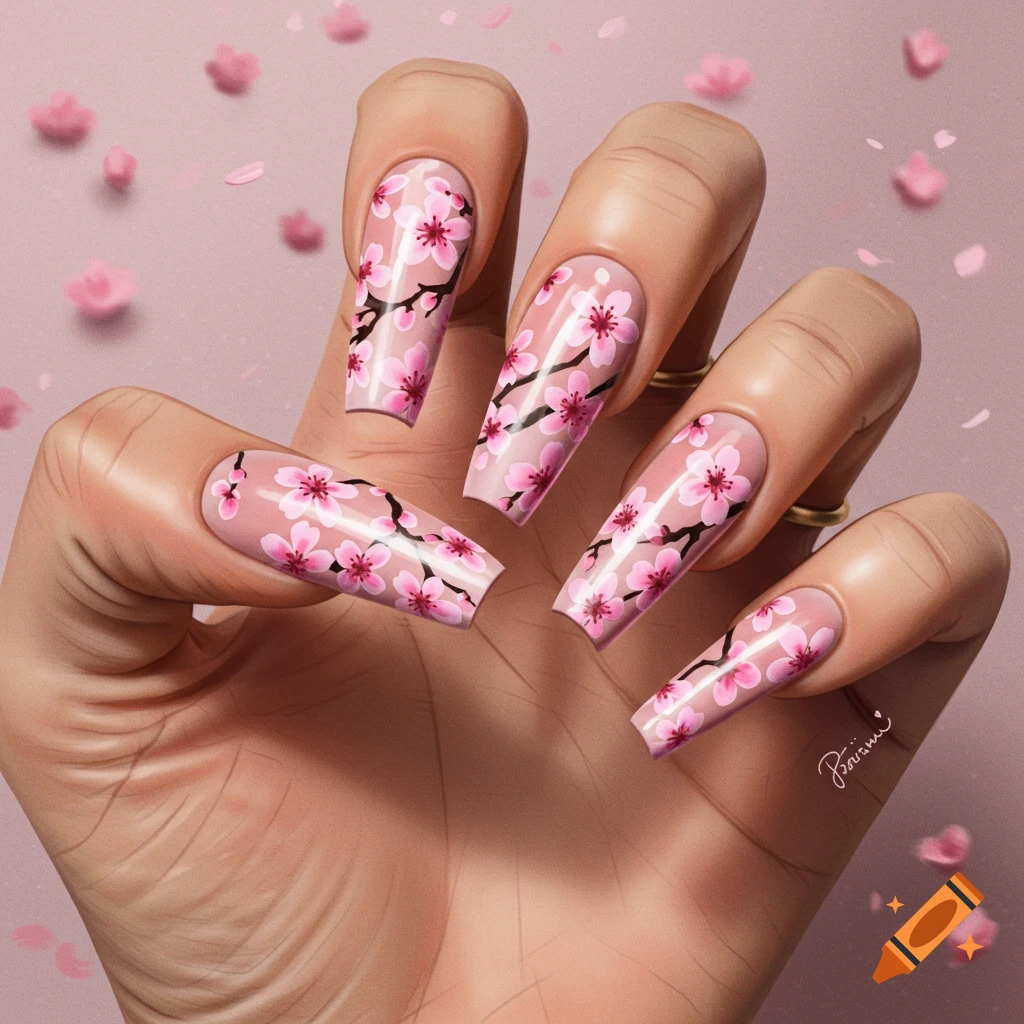 A hand with long acrylic nails decorated with pink cherry blossom branches.
