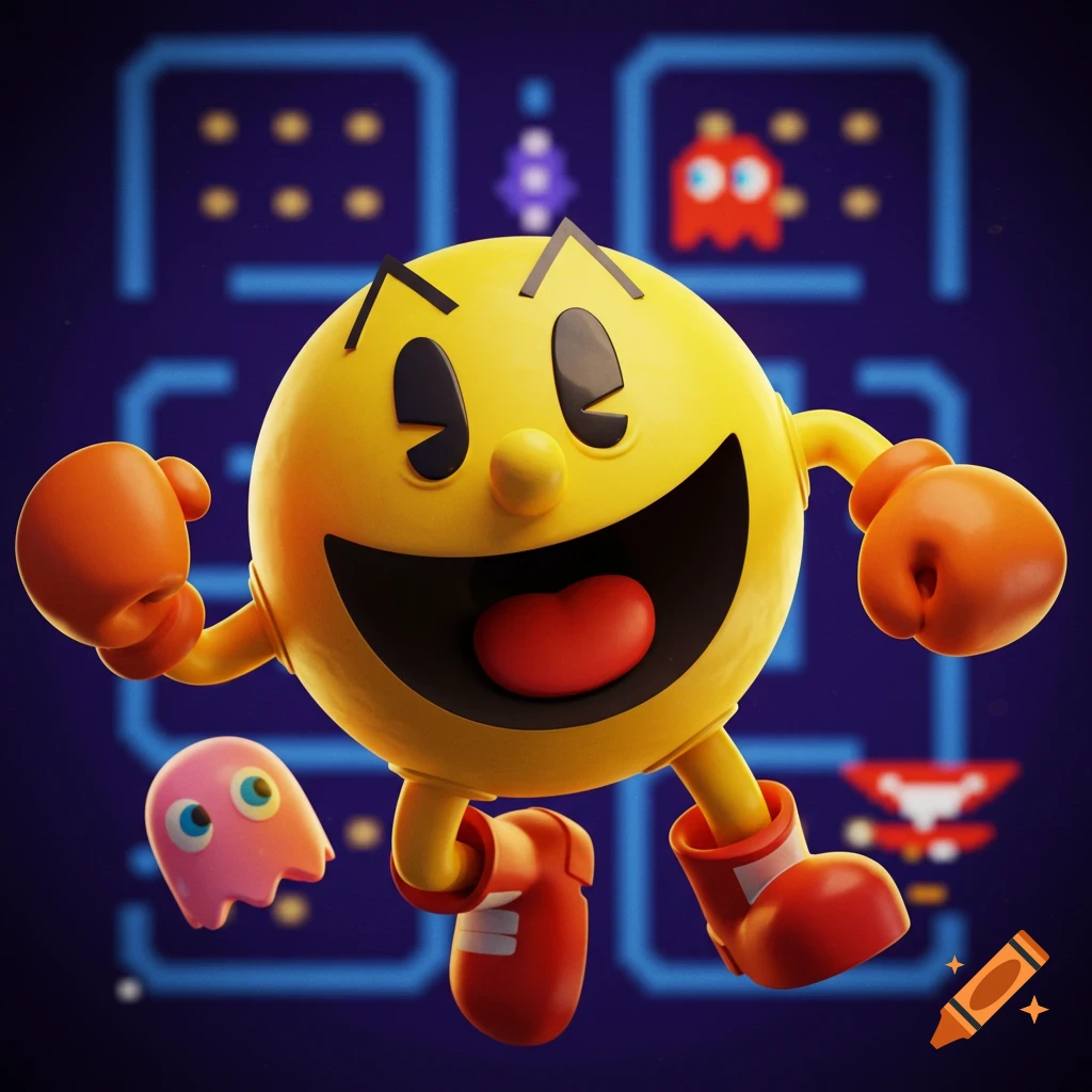 3D rendering of Pacman and a pink ghost jumping in a maze