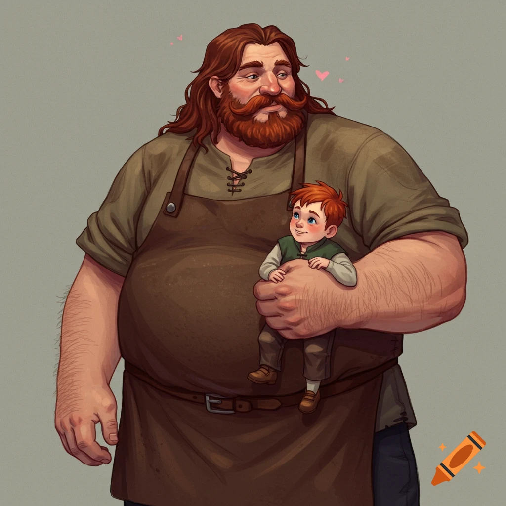 A large man with long red hair and beard holds a small child.