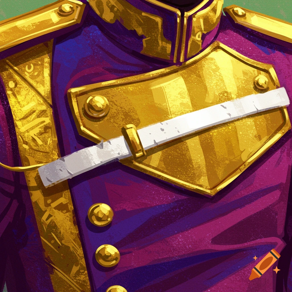 Close-up of an ornate purple and gold uniform with a white band across the chest.