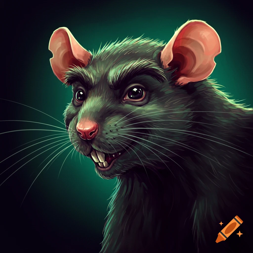 Painting of a rat with prominent whiskers and teeth on a dark background.