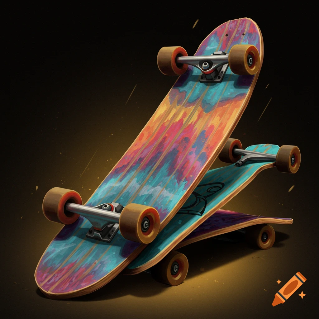 Two colorful longboards leaning on each other.