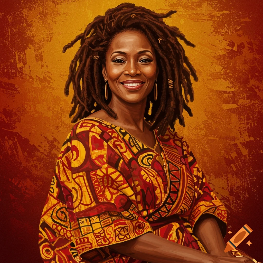 Woman with dreadlocks in a vibrant patterned dress.