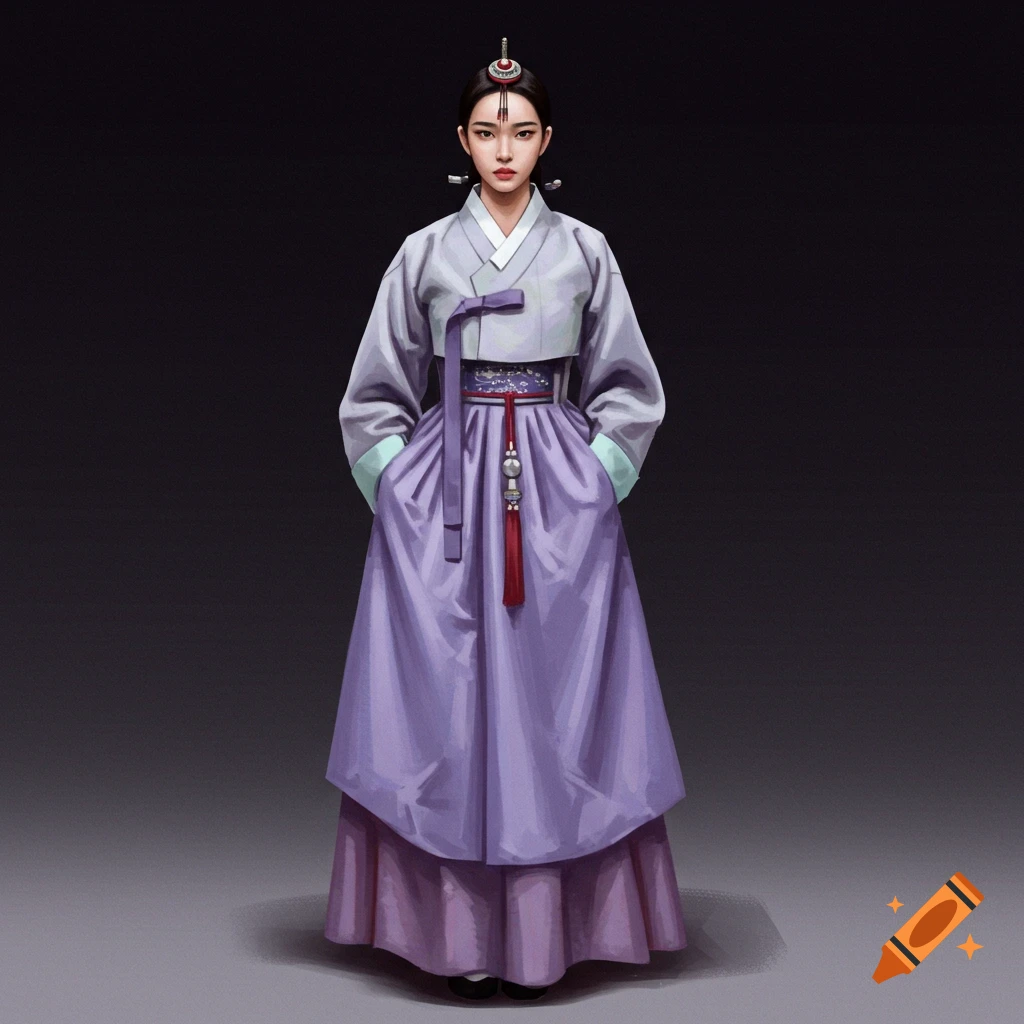 A woman in a modern lavender hanbok.
