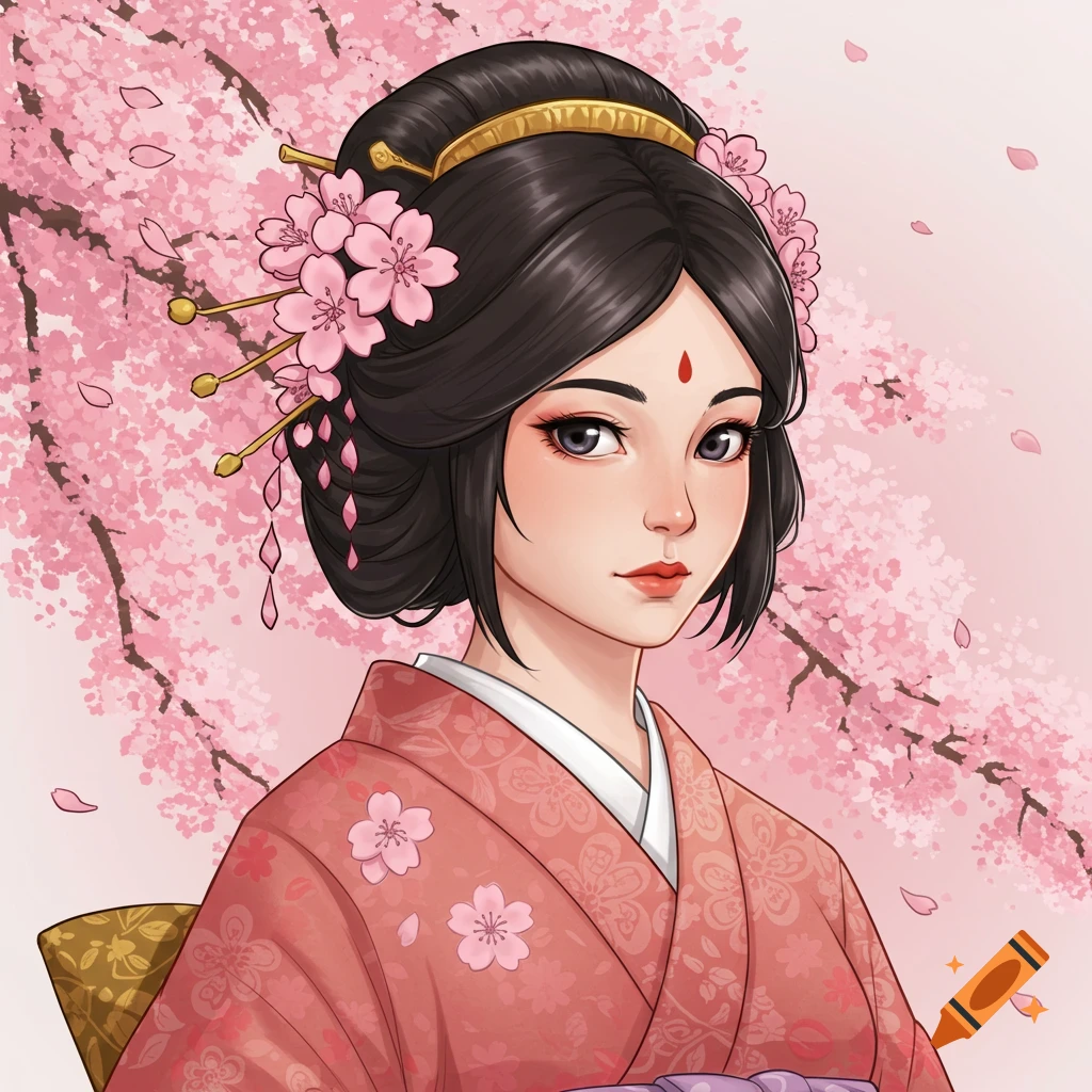 An illustration of a Japanese woman in a kimono with cherry blossoms