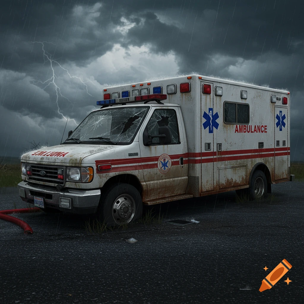 A damaged ambulance sits on a road in the rain with lightning in the sky.