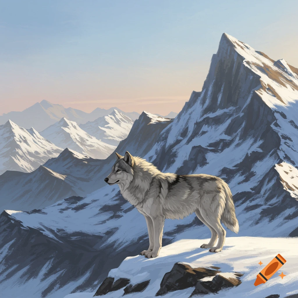 A wolf standing on a snowy mountain ridge