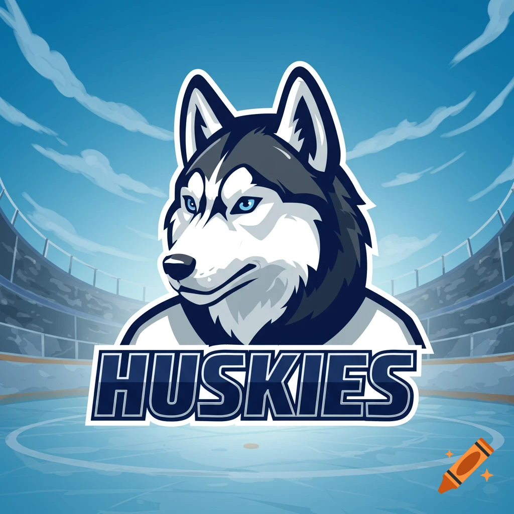 Hockey team logo with a husky mascot head above the word HUSKIES in a stylized arena.
