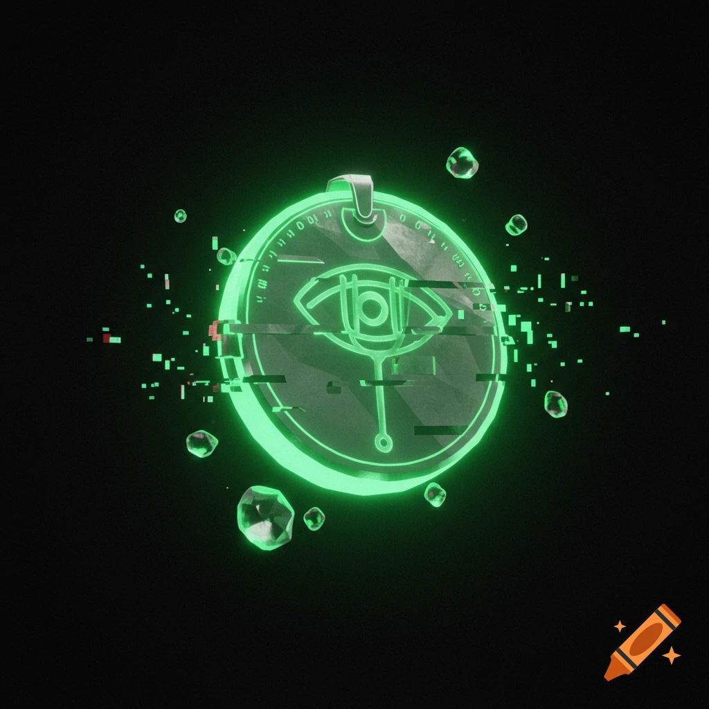 Glowing green glitchy medallion with eye symbol, floating data fragments and crystals on black background, sci-fi style.