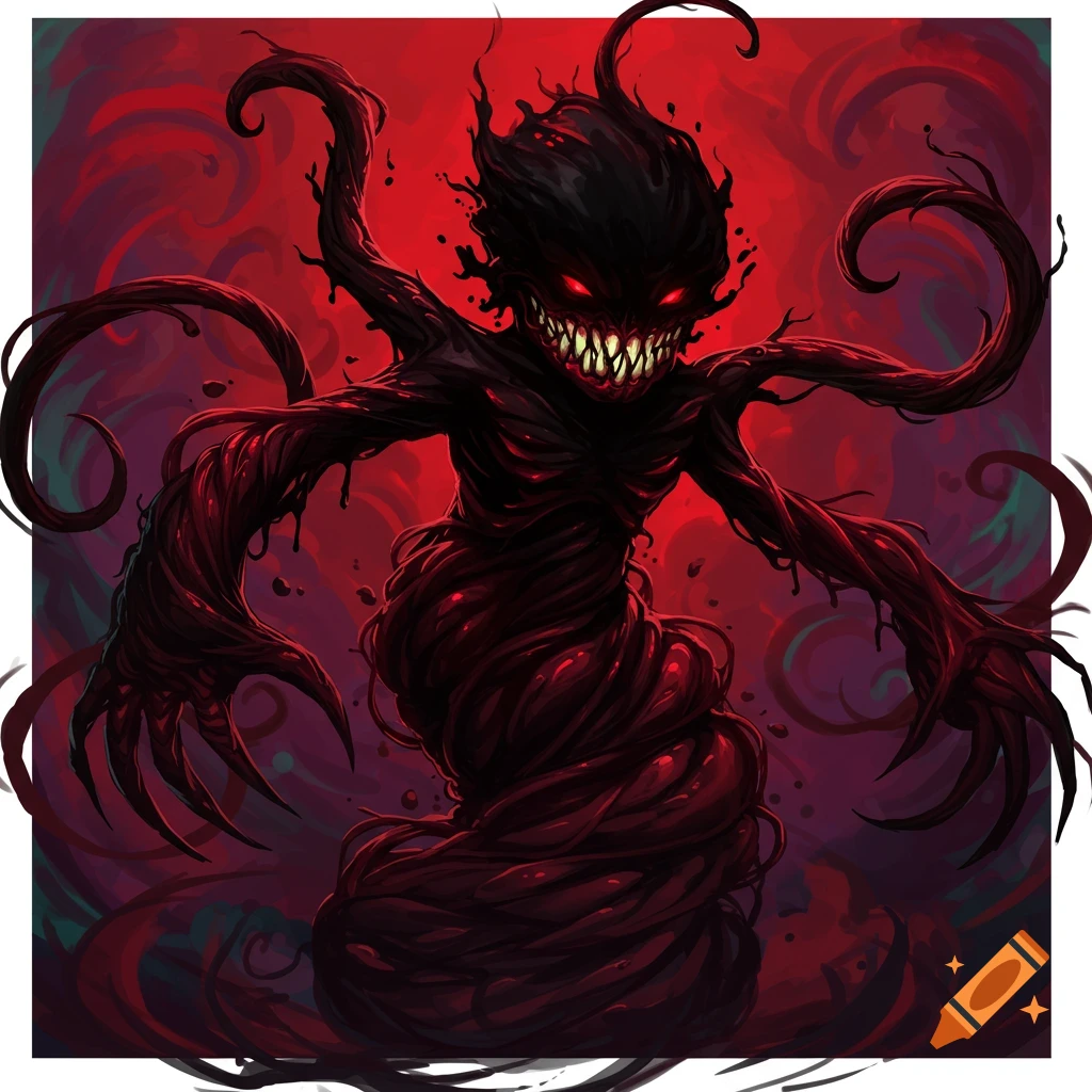 A dark, monstrous entity made of twisted red vines with glowing red eyes and sharp teeth against a swirling red background.