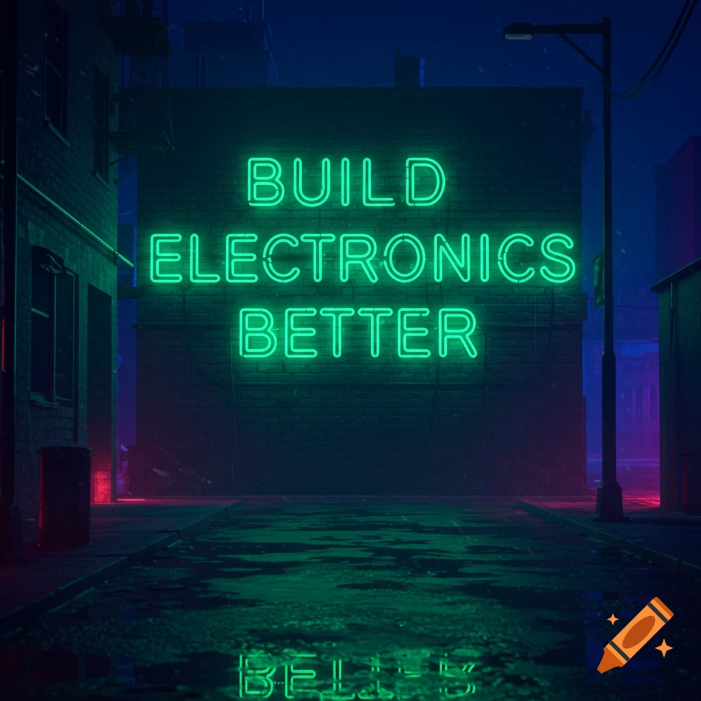 Green neon sign reads 'Build Electronics Better' on a brick building in a rainy street scene.