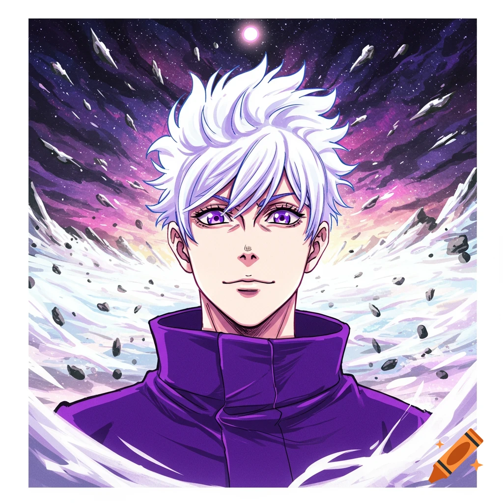 Anime character with white spiky hair and purple eyes in a purple coat, surrounded by snow and floating rocks with a starry sky.