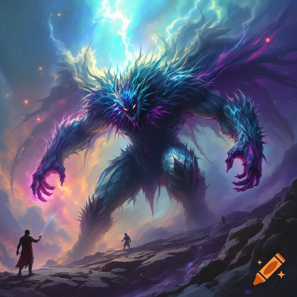 Huge monstrous creature battles small figures under a stormy nebula sky.