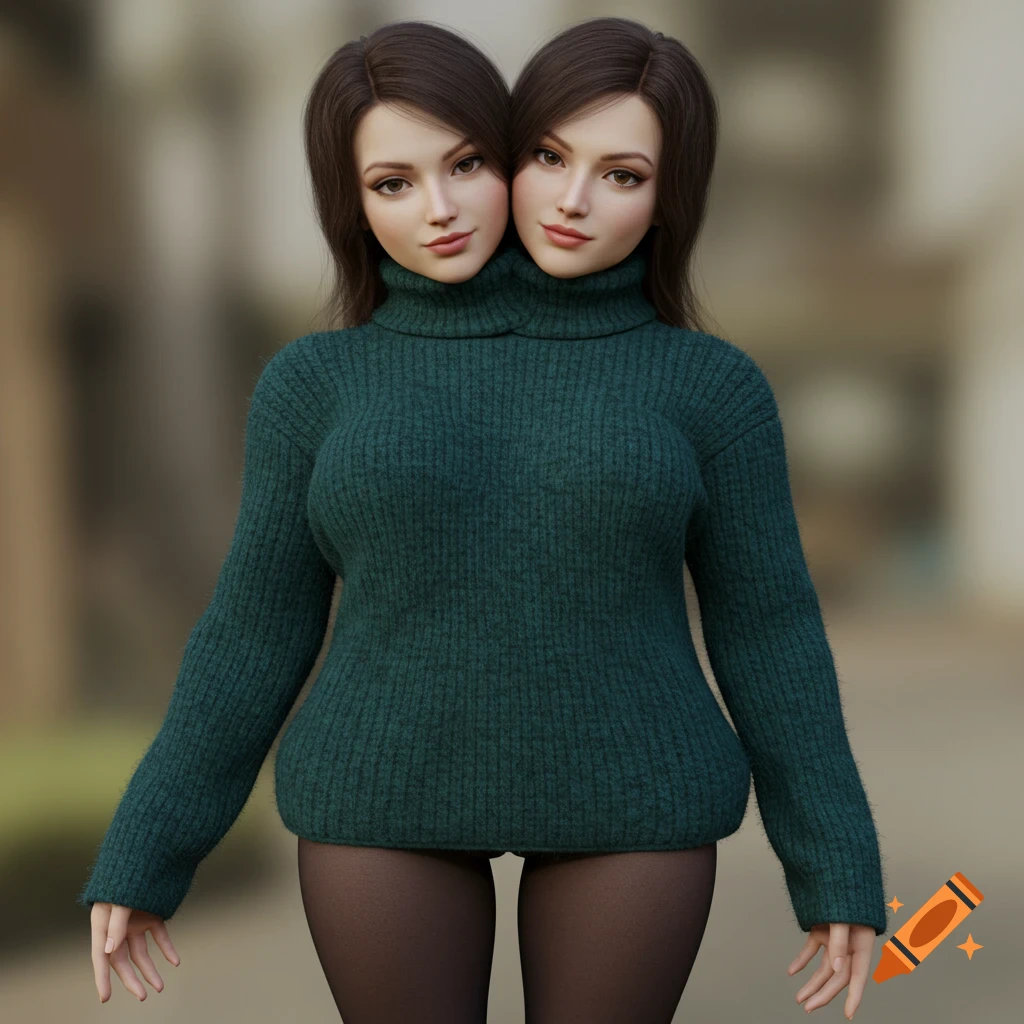 A figure appearing as a two-headed woman wearing a green turtleneck sweater and black tights, looking at the viewer.