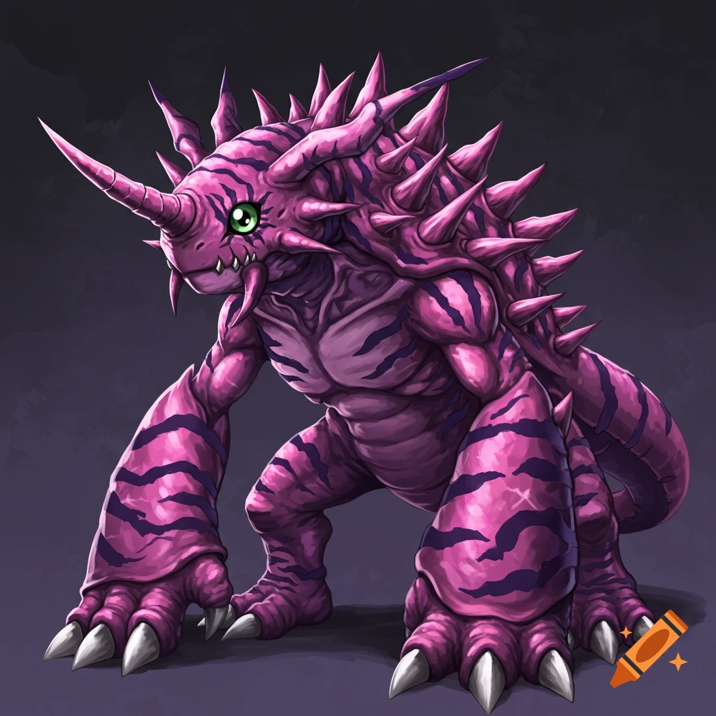 A pink and purple spiky monster with large claws and a horn, resembling a Digimon.