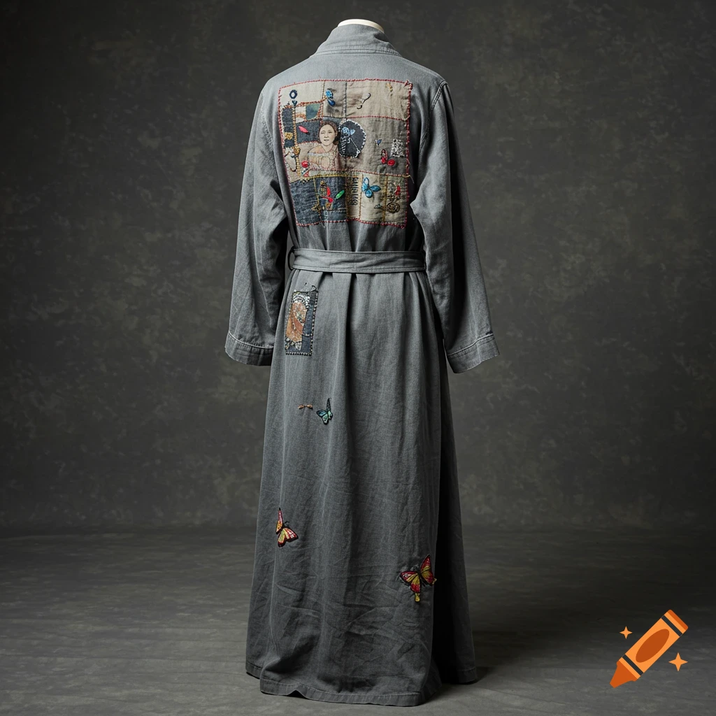 Gray robe on a form, seen from the back, featuring patchwork and embroidered butterflies.