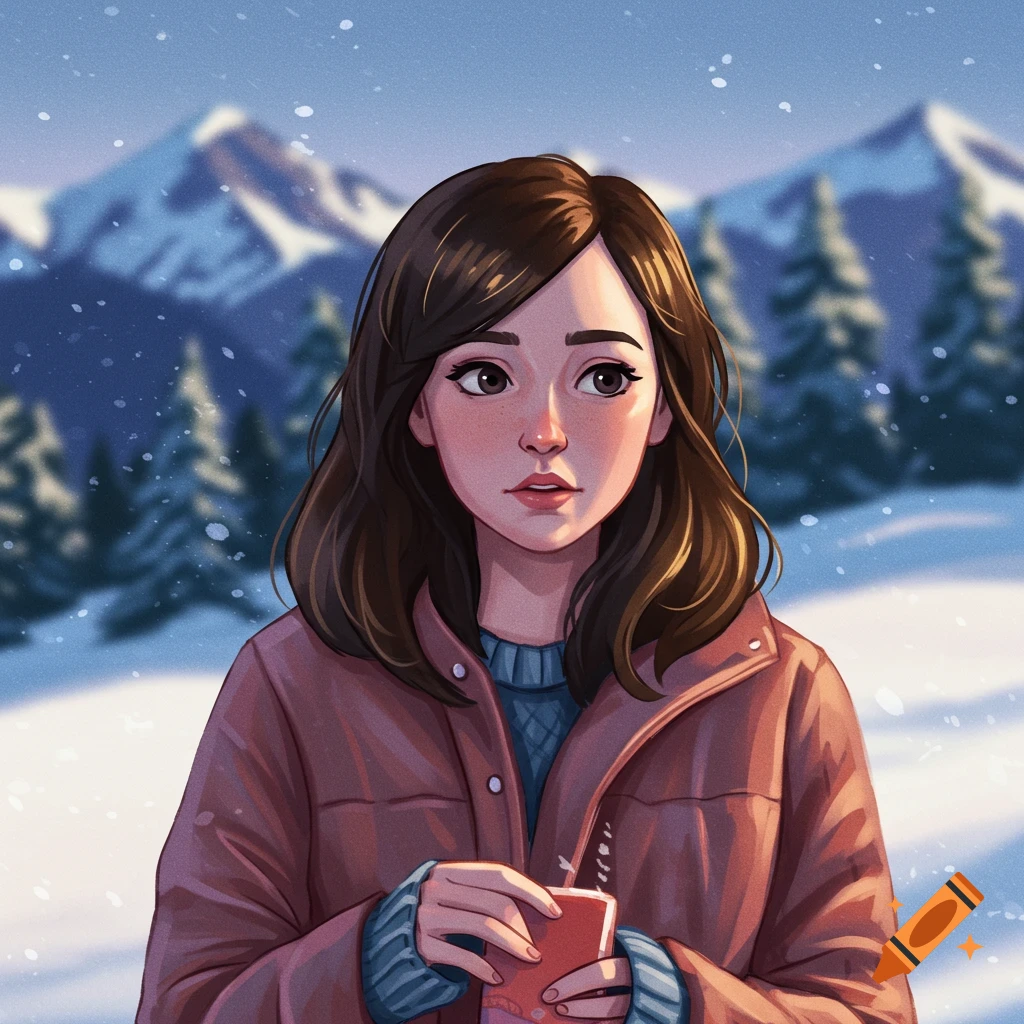 A young woman in a winter jacket and sweater is holding a red object in a snowy mountain landscape.