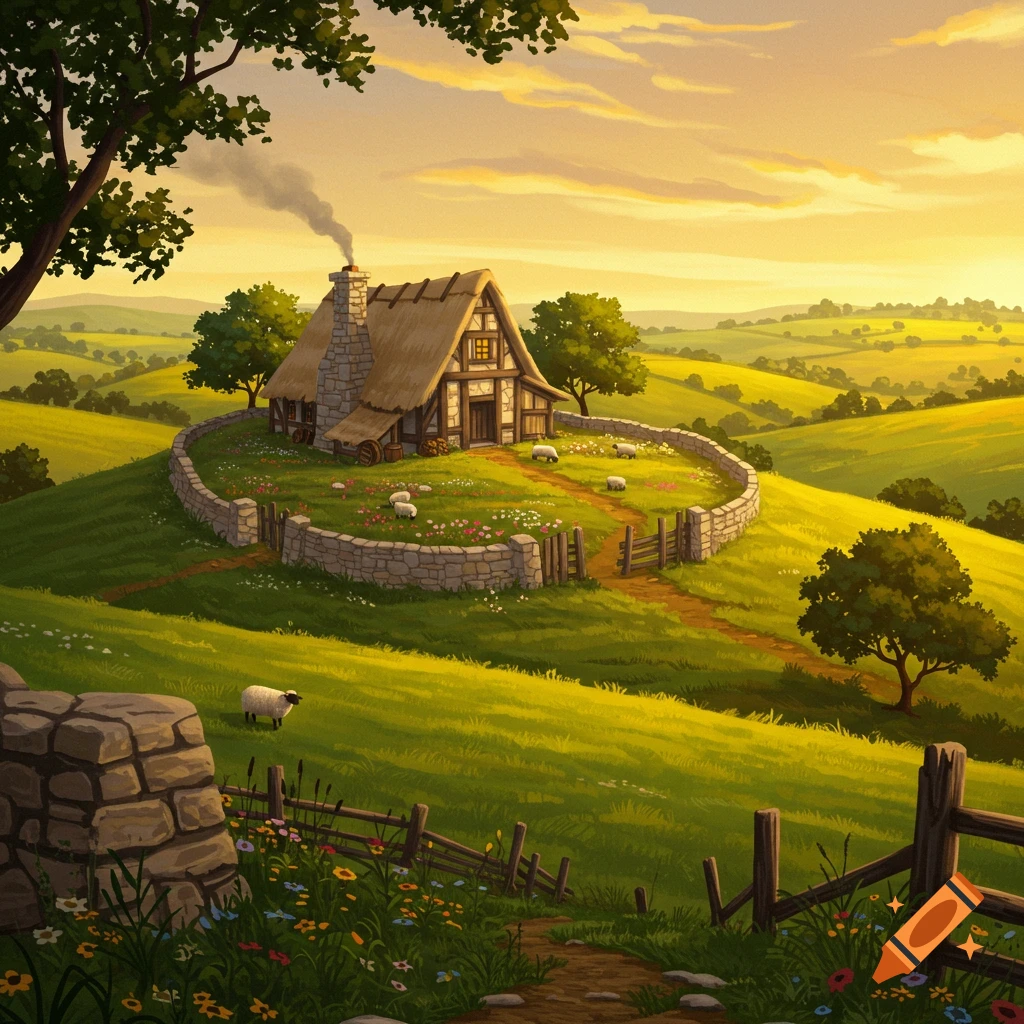 A thatched cottage on a hill with sheep in a stone enclosure, rolling hills behind.