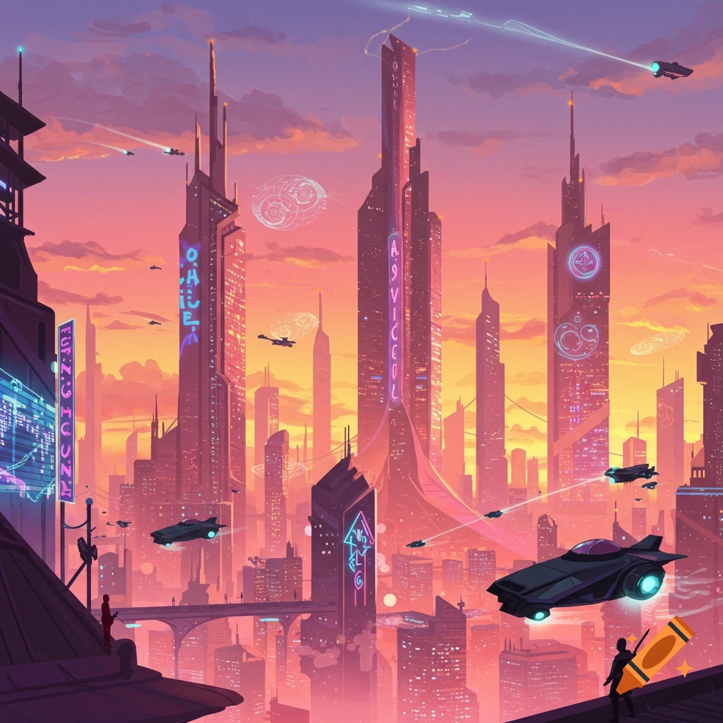 A futuristic city skyline at sunset with flying cars and neon-lit buildings.