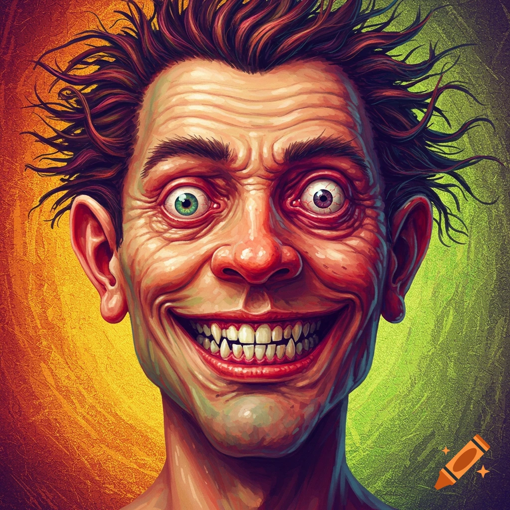 Close-up of a man with a grotesque, smiling face, wide eyes, and messy hair against a colorful background.