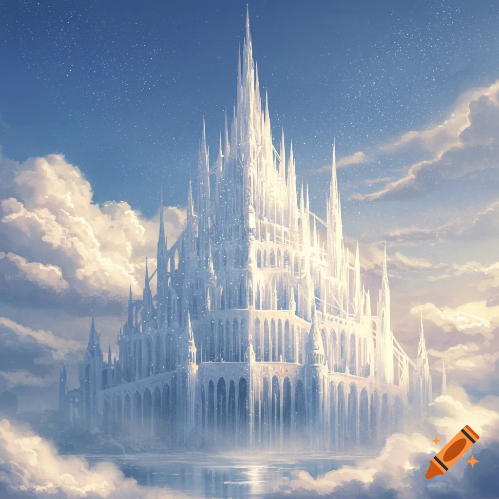 A large, shimmering white fantasy castle rises into a starry sky above clouds and water.