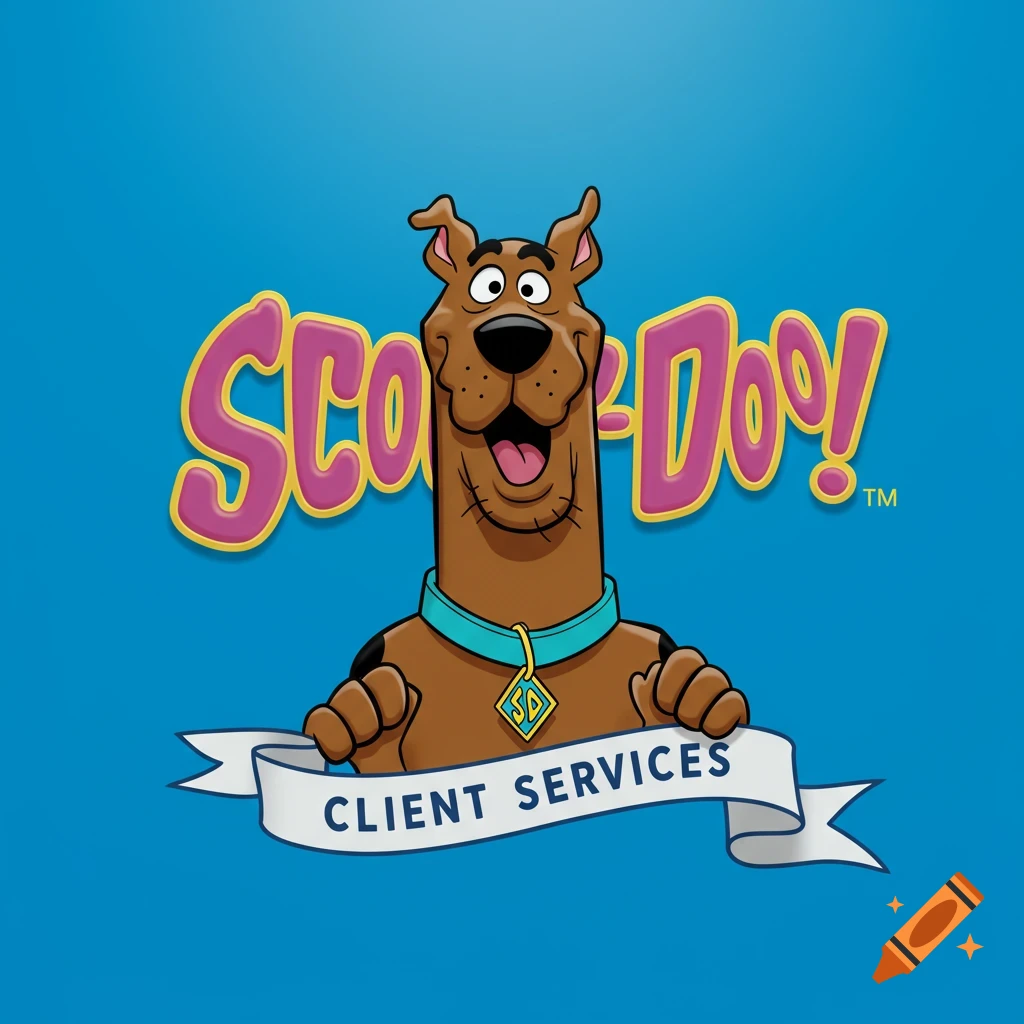 Cartoon of Scooby-Doo with logo and 'Client Services' banner
