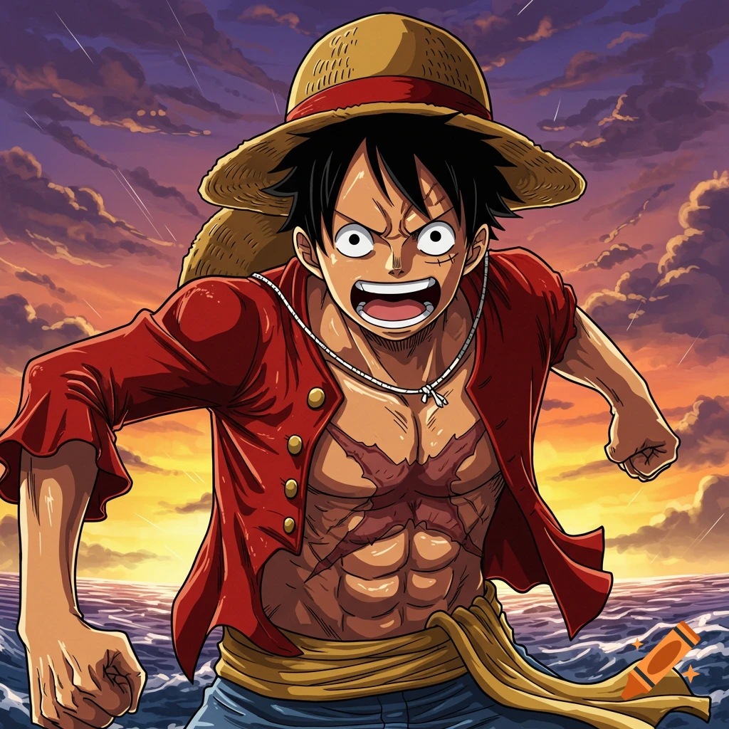 Anime style image of Monkey D. Luffy charging forward at sunset over the ocean.