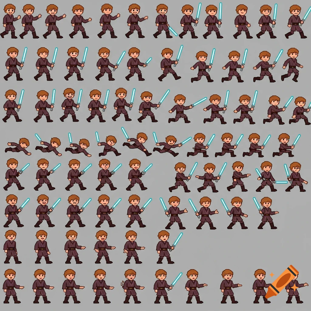 A pixel art sprite sheet showing multiple poses of a character resembling Anakin Skywalker with a lightsaber.