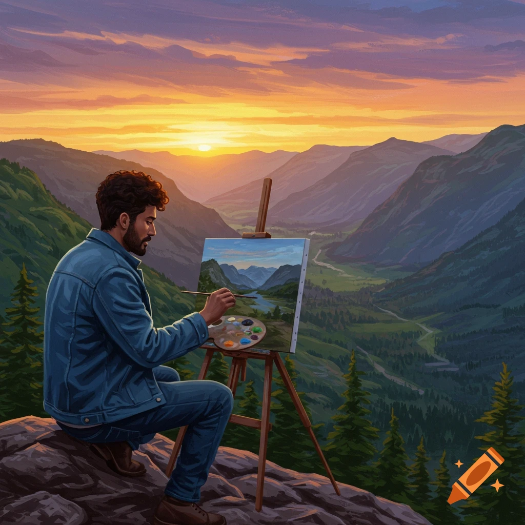 A man paints a mountain valley landscape at sunset.
