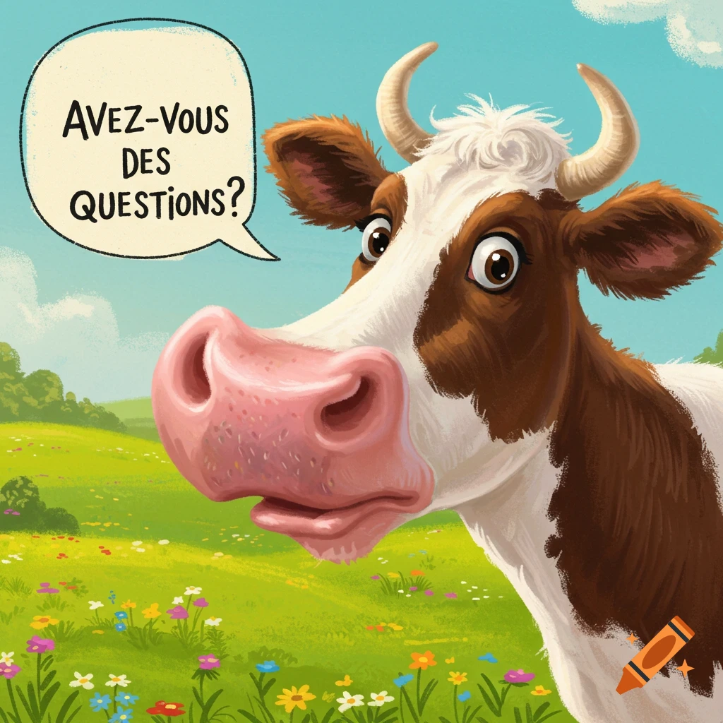 Cartoon cow with funny expression and speech bubble saying "AVEZ-VOUS DES QUESTIONS?".
