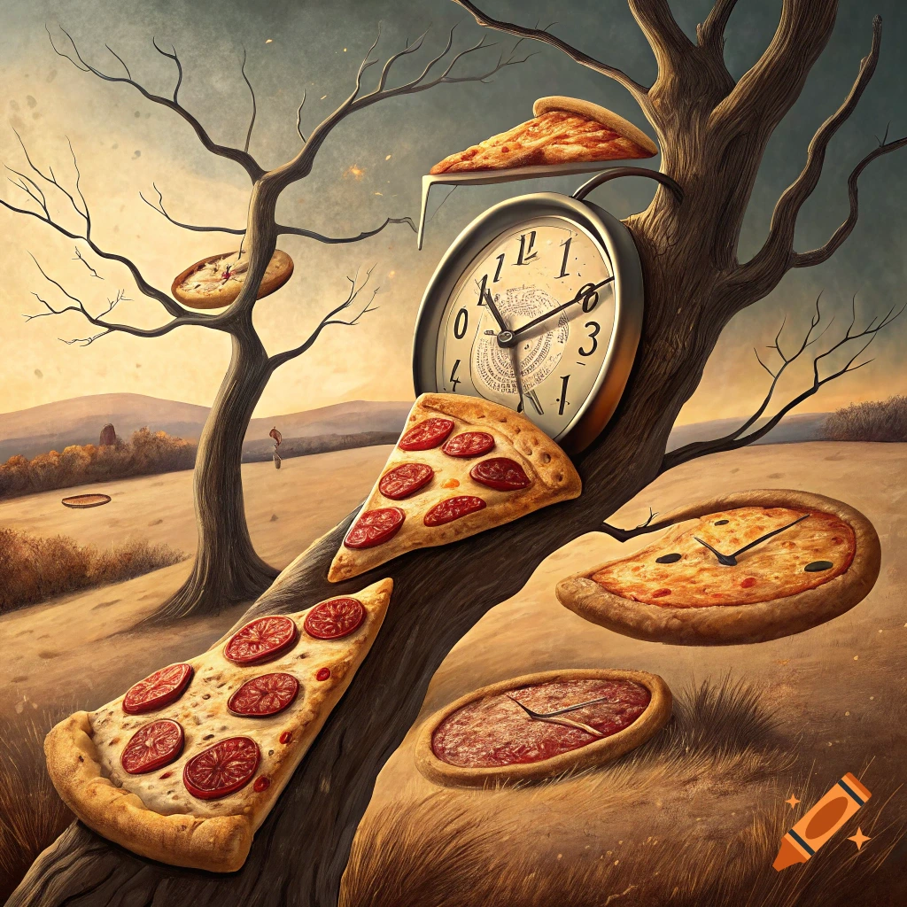 Surreal landscape inspired by Dalí featuring melting pizzas and a clock draped over trees and the ground.