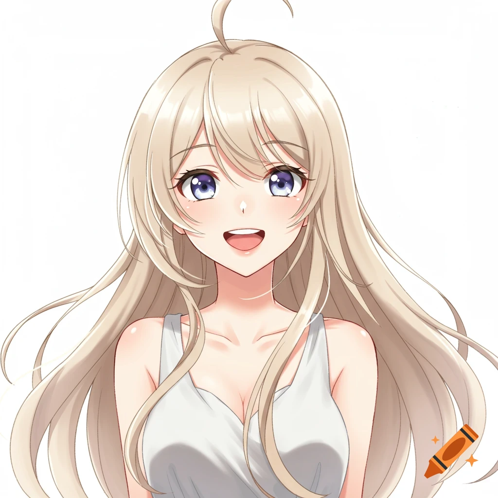 Anime portrait of a smiling girl with long blonde hair.