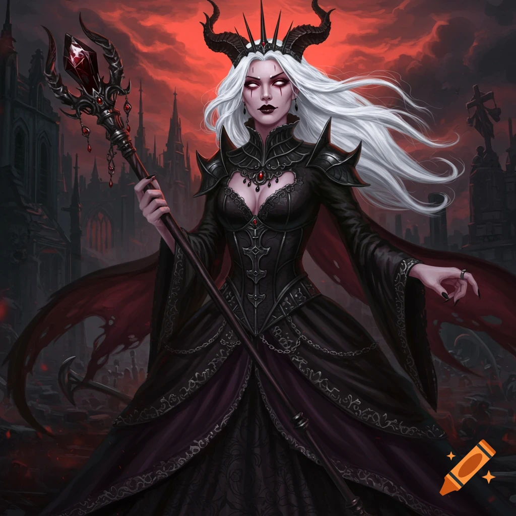 A white-haired demon queen with staff in gothic dress, dark city background, red sky.