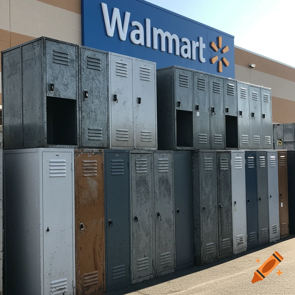 Stacked metal storage lockers outside a Walmart store.