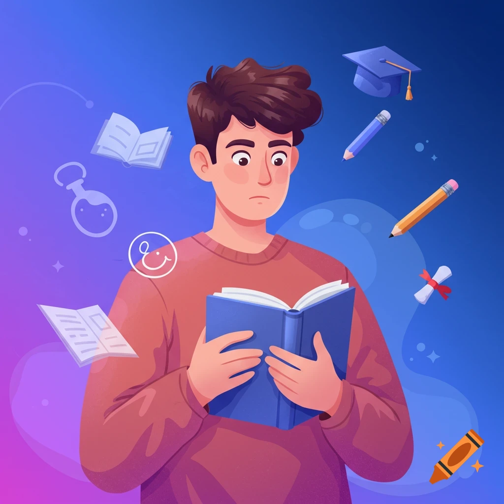 Illustration of a student reading a book with academic symbols floating around.