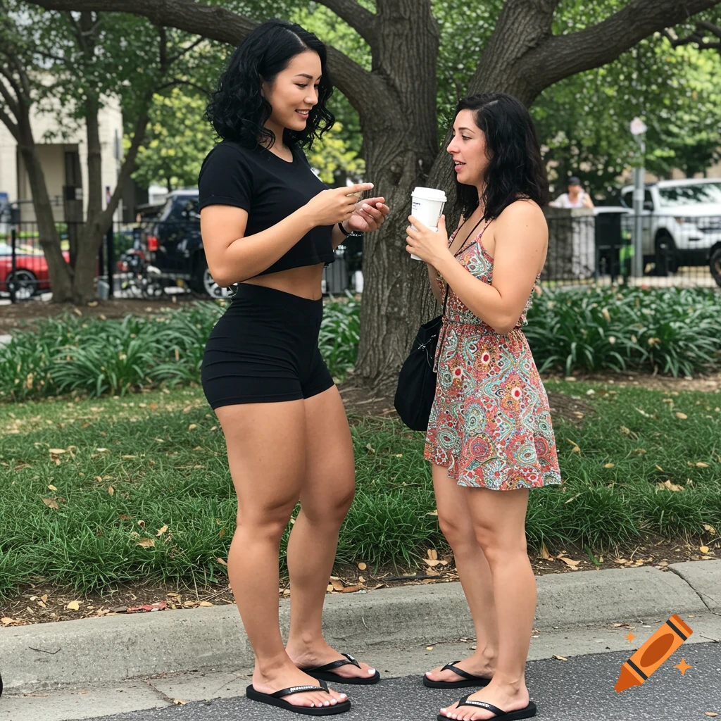 Two women talk outdoors; one tall in black shorts and crop top, the other shorter in a patterned dress.