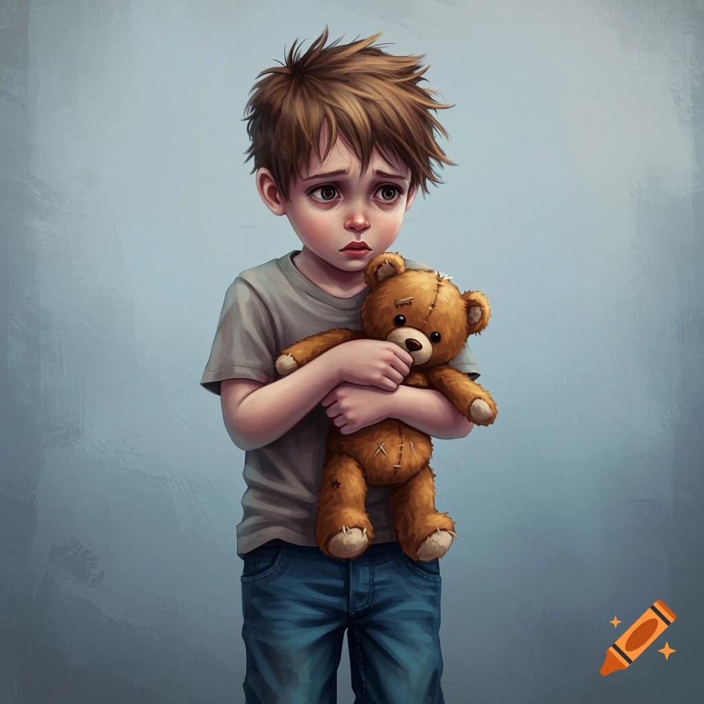 A sad young boy clutches a teddy bear.