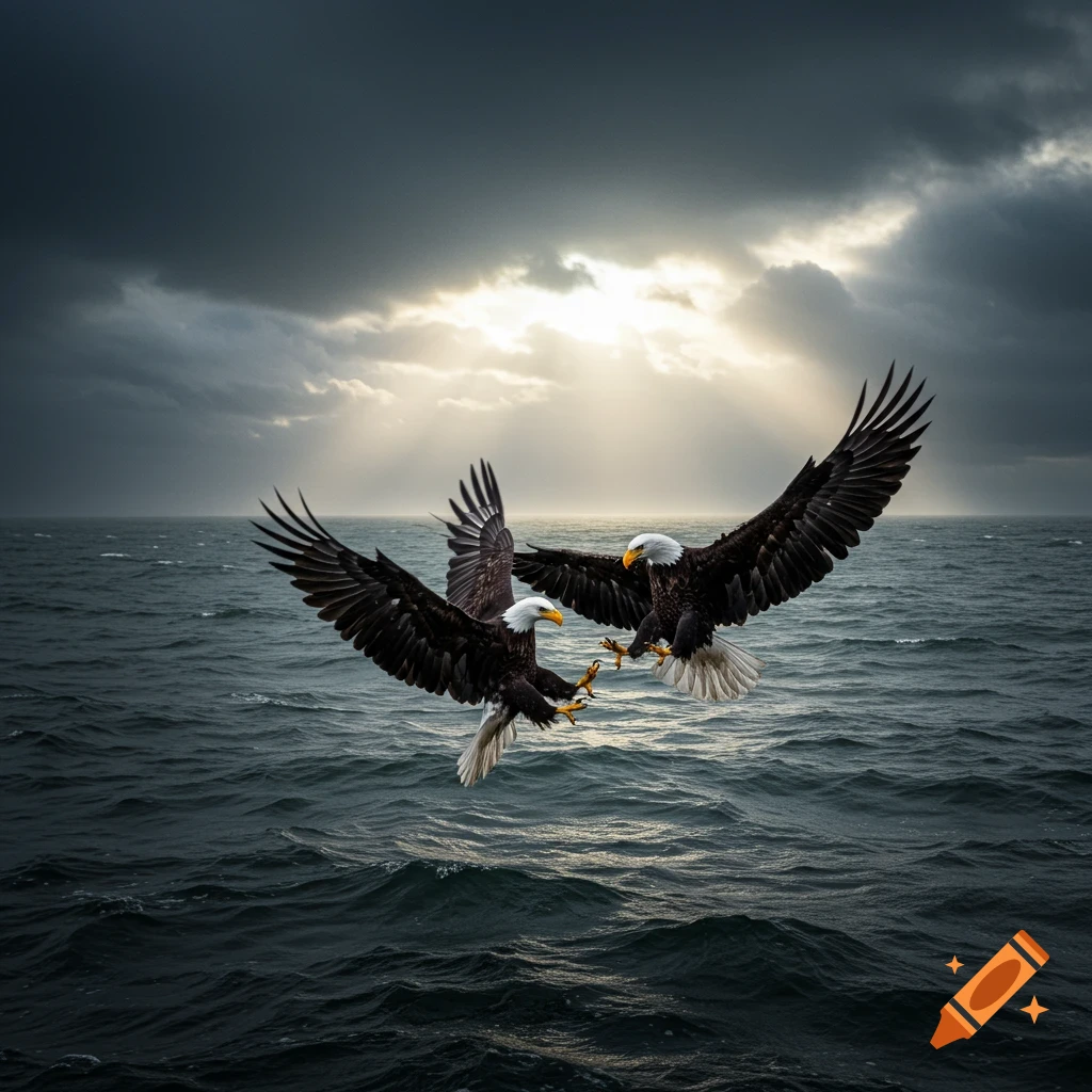 Two bald eagles fight over stormy ocean waves.