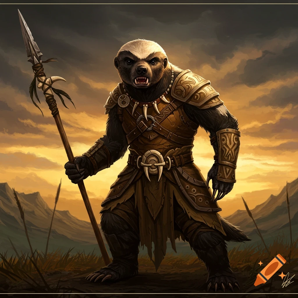 A honey badger warrior in armor holding a spear at sunset.