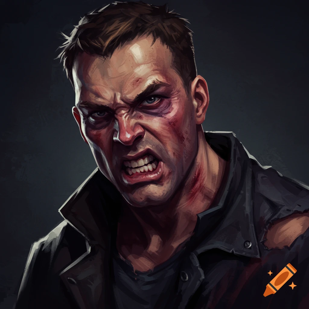 An angry man with bruises and cuts on his face.