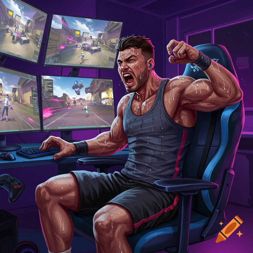 Man in workout clothes sweating while gaming on Craiyon