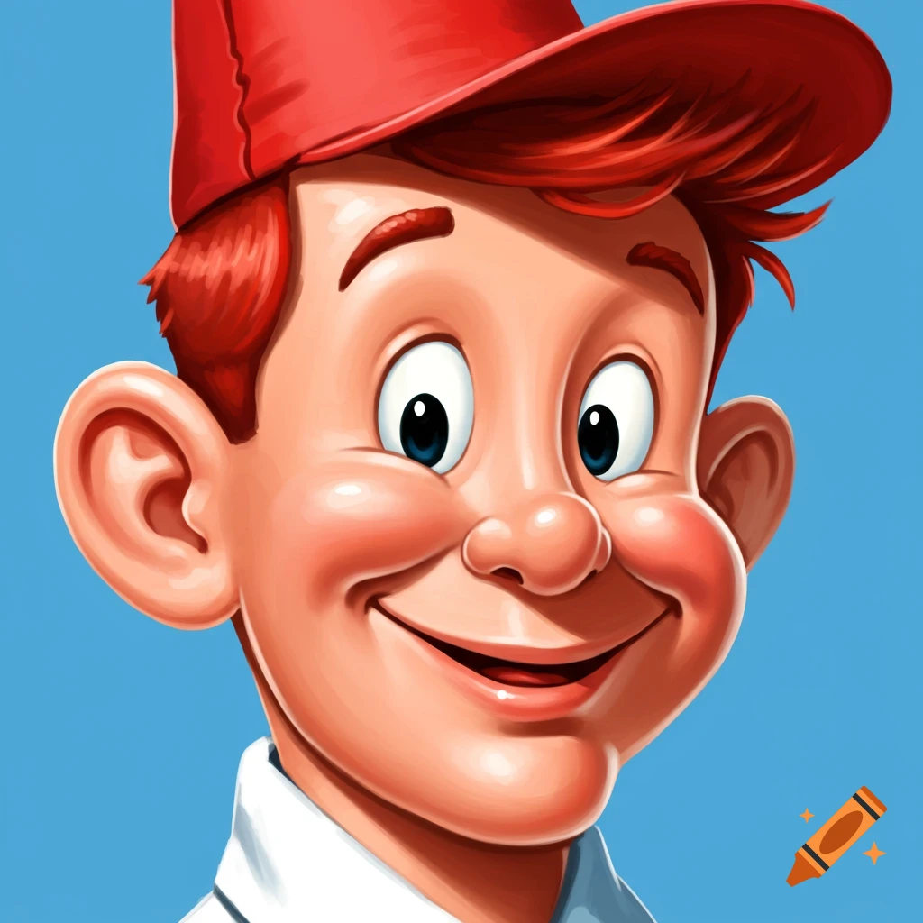 Close-up of a smiling cartoon boy with red hair and a red hat.